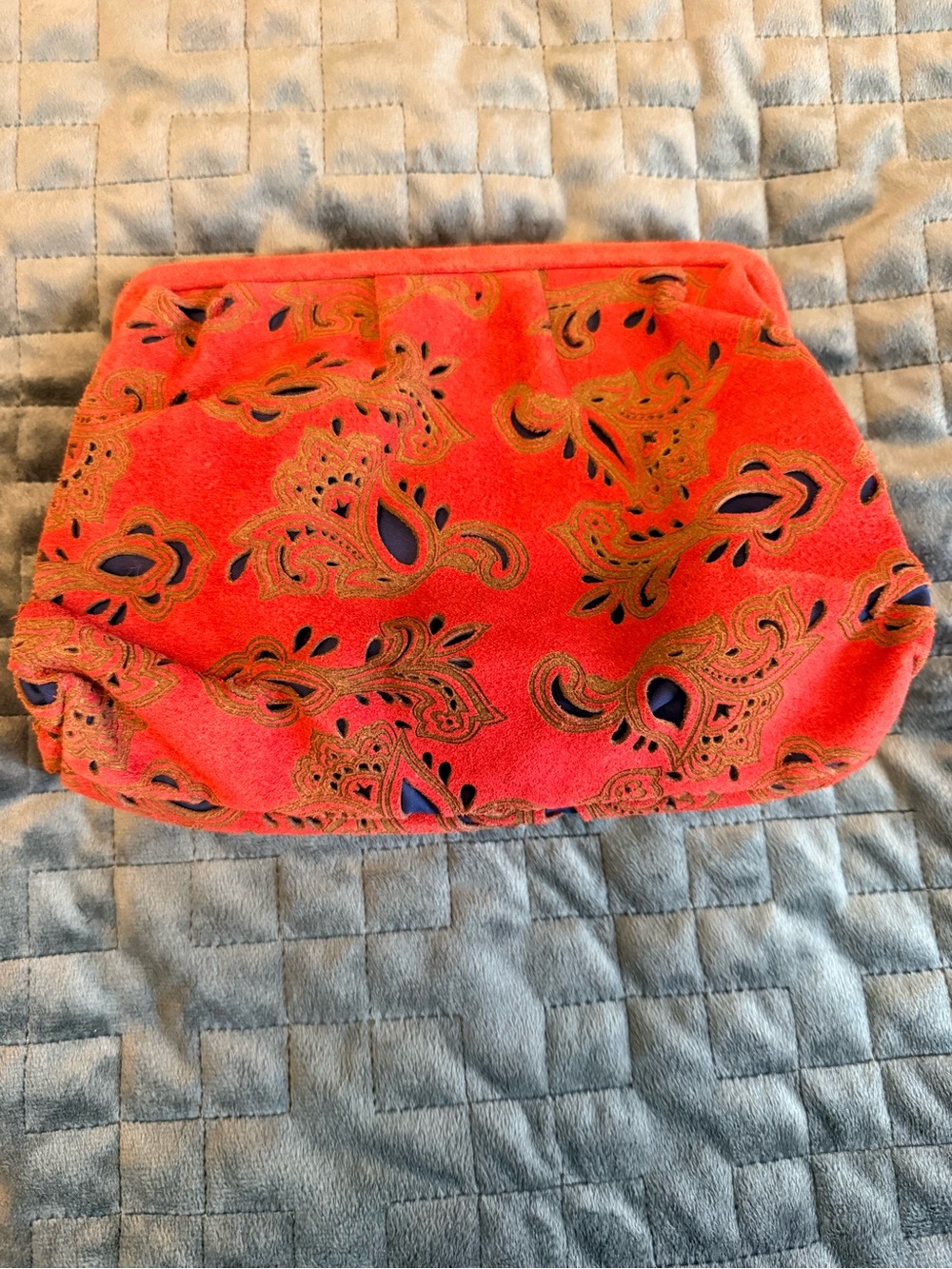 Anthropologie Red-Orange Suede Embroidered Clutch